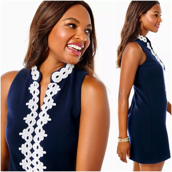 Lilly Pulitzer Callista Shift Dress XL true navy blue white mini high collar zip - Picture 4 of 13